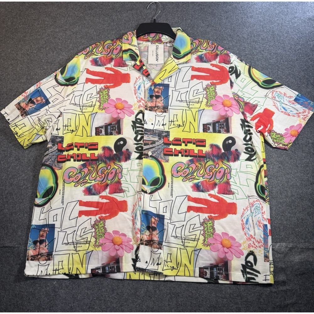 Collusion Graphic Print Short Sleeve Button Up Shirt Size L‎